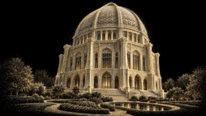 Fine gold-dot artistic illustration of the ornate dome and gardens of the Bahá’í House of Worship in Wilmette, Illinois.