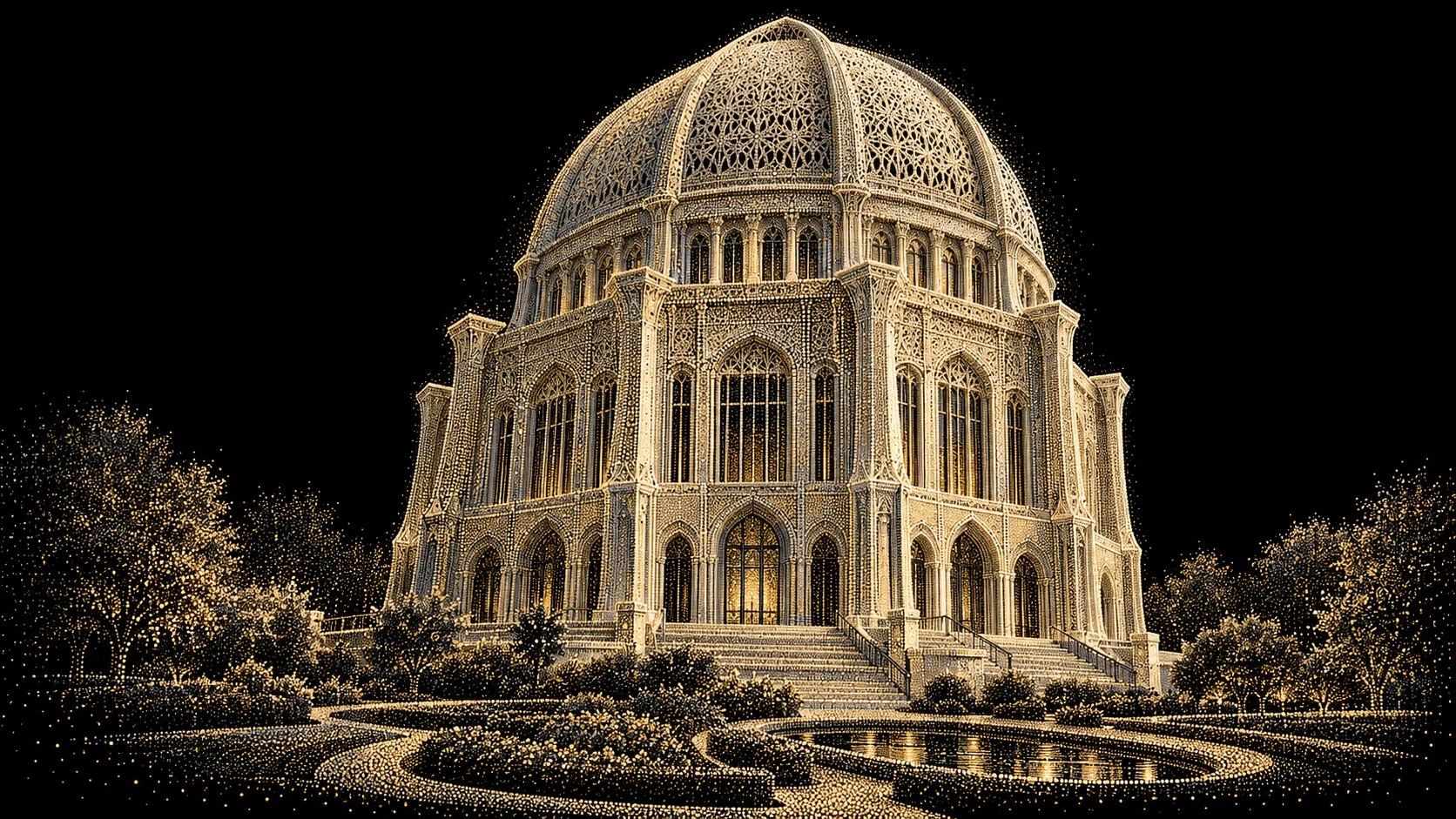Fine gold-dot artistic illustration of the ornate dome and gardens of the Bahá’í House of Worship in Wilmette, Illinois.