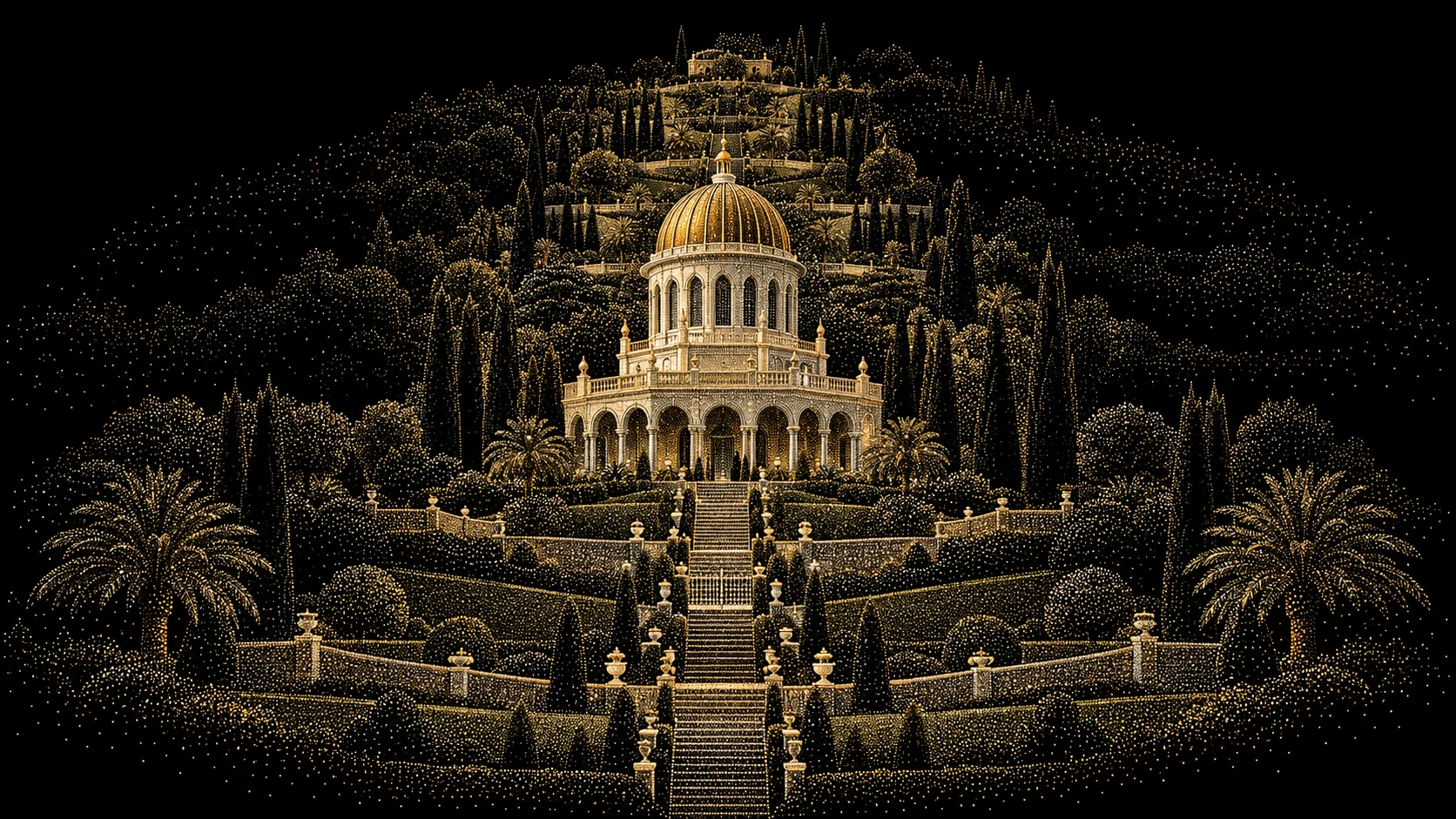 Fine gold-dot artistic illustration of the Shrine of the Báb and terraced gardens on Mount Carmel in Haifa, Israel.