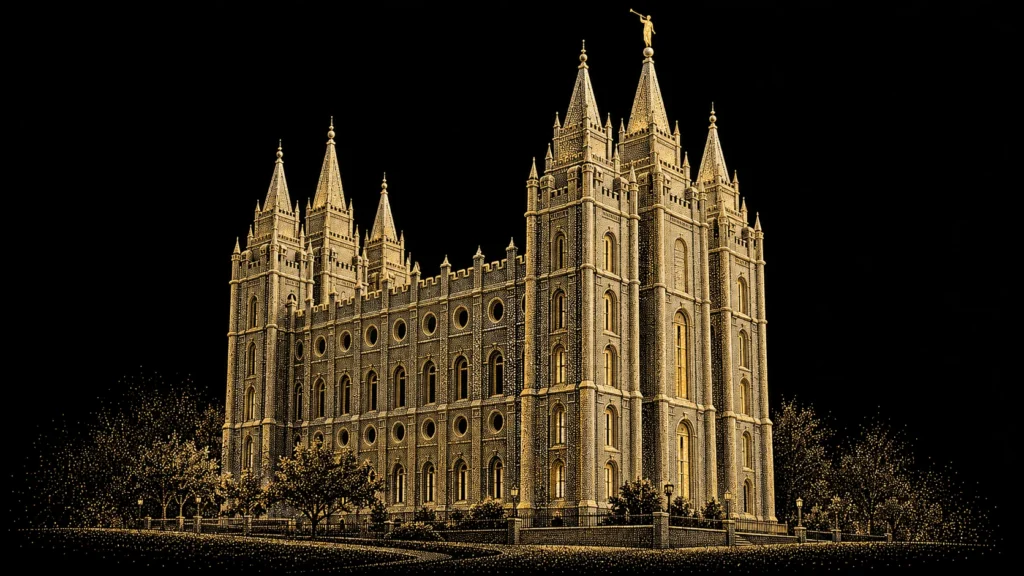Salt Lake Temple's six spires and granite facade rendered in fine gold and ivory particles against black.