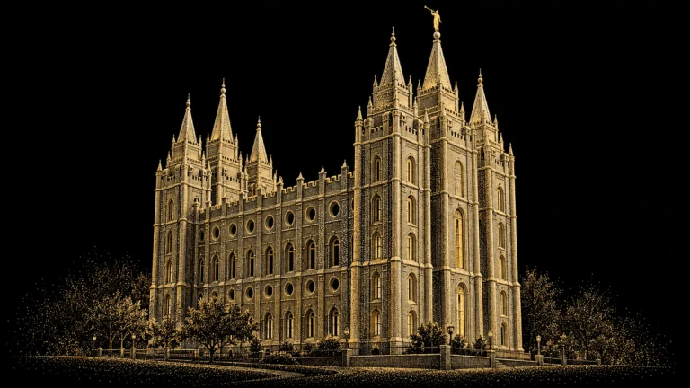 Salt Lake Temple's six spires and granite facade rendered in fine gold and ivory particles against black.