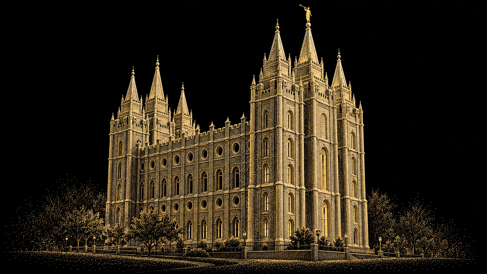 Salt Lake Temple's six spires and granite facade rendered in fine gold and ivory particles against black.
