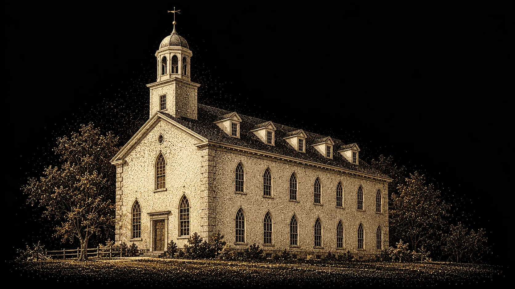 Historic Kirtland Temple with its dormered roof and single belfry, illustrated in fine gold and ivory particles.