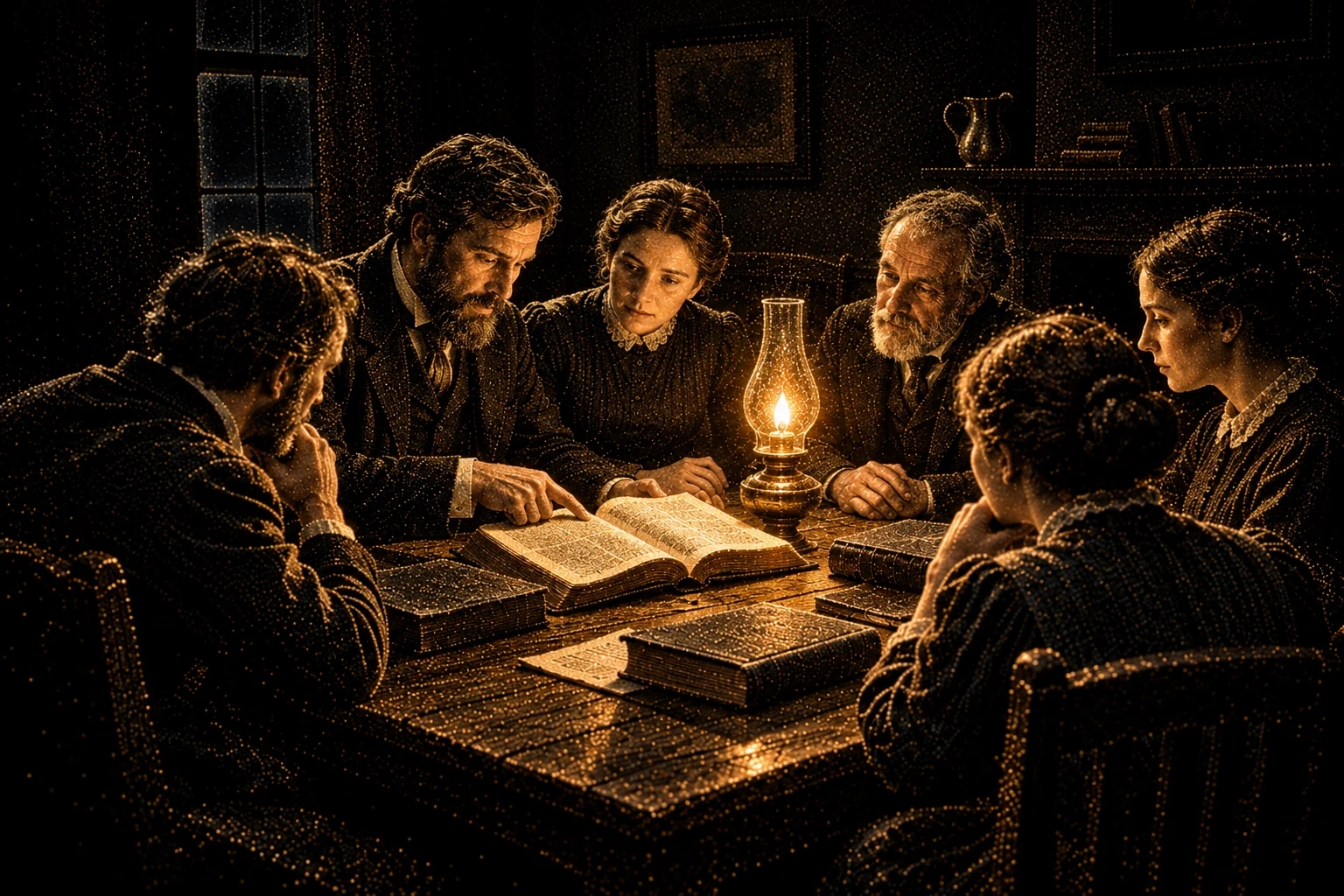 Artist's reconstruction of six nineteenth-century Bible students gathered around an open Bible beneath a kerosene lamp, rendered in fine gold particles.