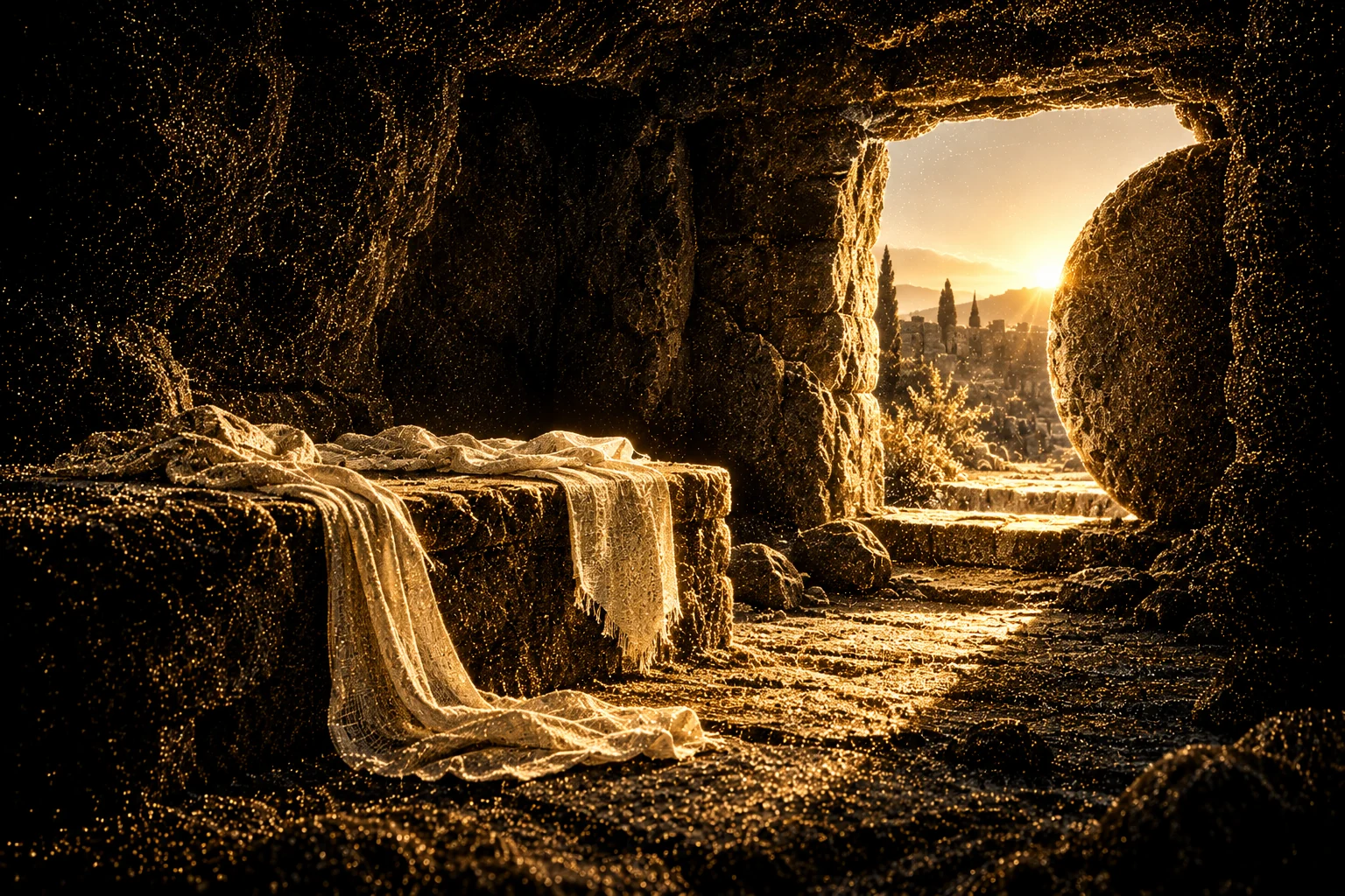 Gold-particle biblical illustration of a rock-cut tomb with linen cloth on a stone burial ledge and an opened stone at dawn.