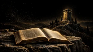 Symbolic gold-particle illustration of an open Bible on dark stone, with a distant solitary watchtower against black.