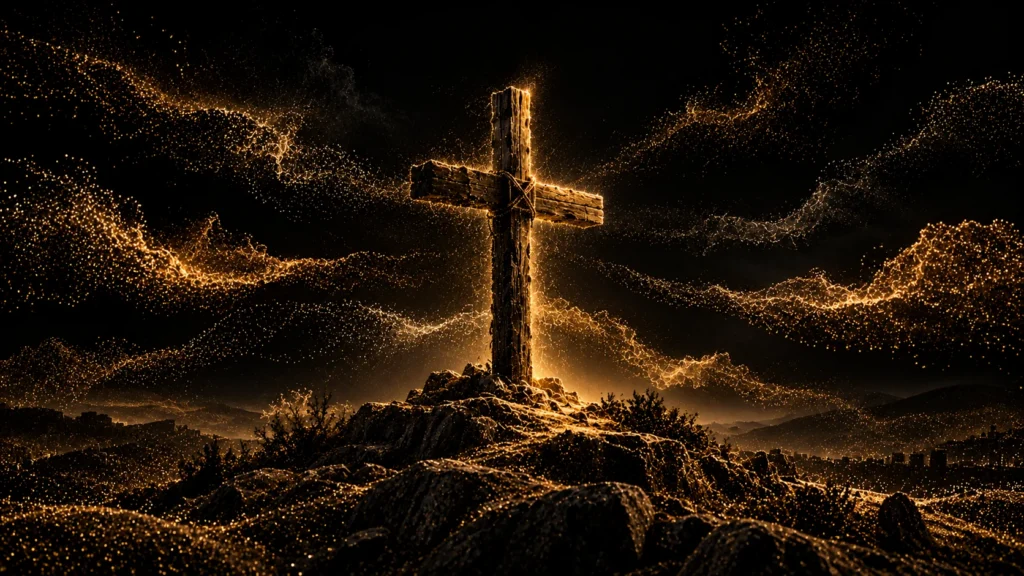 Symbolic antique-gold particle illustration of a wooden cross on a dark rocky hill, surrounded by separated currents of light.