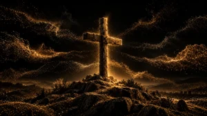 Symbolic antique-gold particle illustration of a wooden cross on a dark rocky hill, surrounded by separated currents of light.