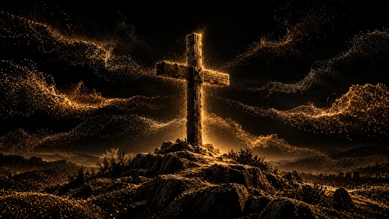 Symbolic antique-gold particle illustration of a wooden cross on a dark rocky hill, surrounded by separated currents of light.