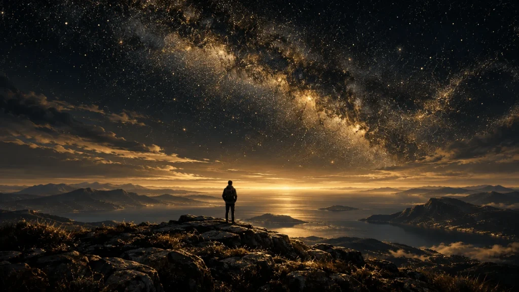 Gold-toned editorial illustration of a lone traveler looking across a coastal landscape beneath a star-filled sky.