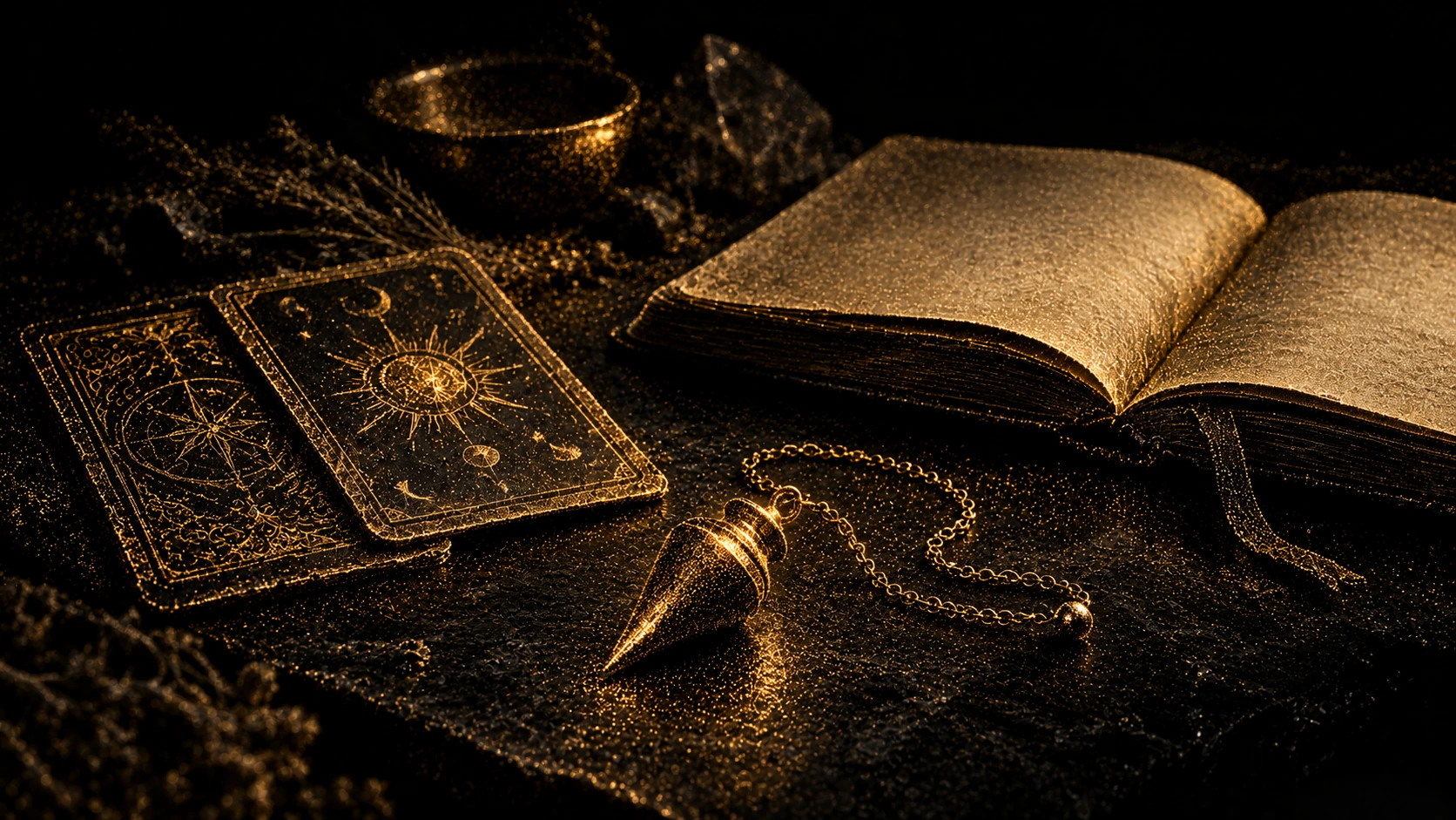 Artistic gold-particle still life of tarot cards, a brass pendulum, and an open journal on a dark tabletop.