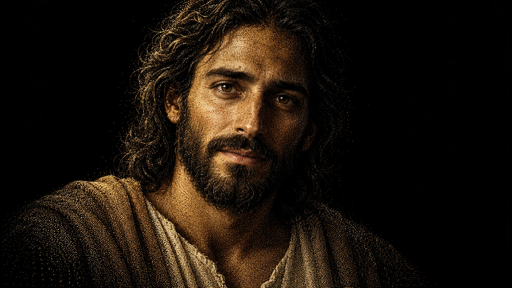 Historically inspired artistic portrait representing Jesus of Nazareth, with a beard and dark wavy hair, rendered in fine gold and ivory particles against black.