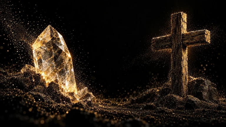 Fine gold-particle still life of a quartz crystal and a weathered wooden cross separated against a deep black background.