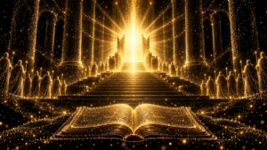 Gold-particle illustration of a radiant throne above a gathered heavenly court, with an open manuscript in the foreground.