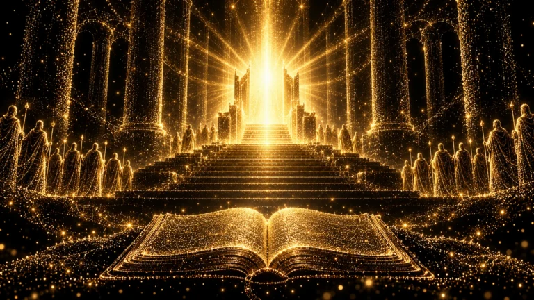 Gold-particle illustration of a radiant throne above a gathered heavenly court, with an open manuscript in the foreground.