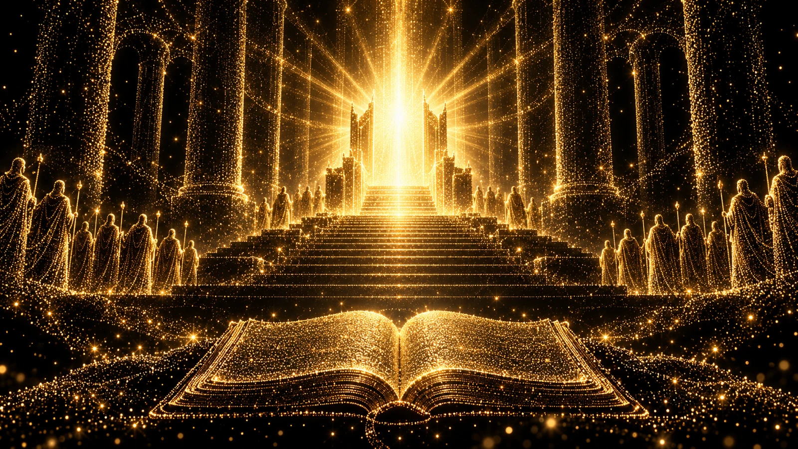 Gold-particle illustration of a radiant throne above a gathered heavenly court, with an open manuscript in the foreground.