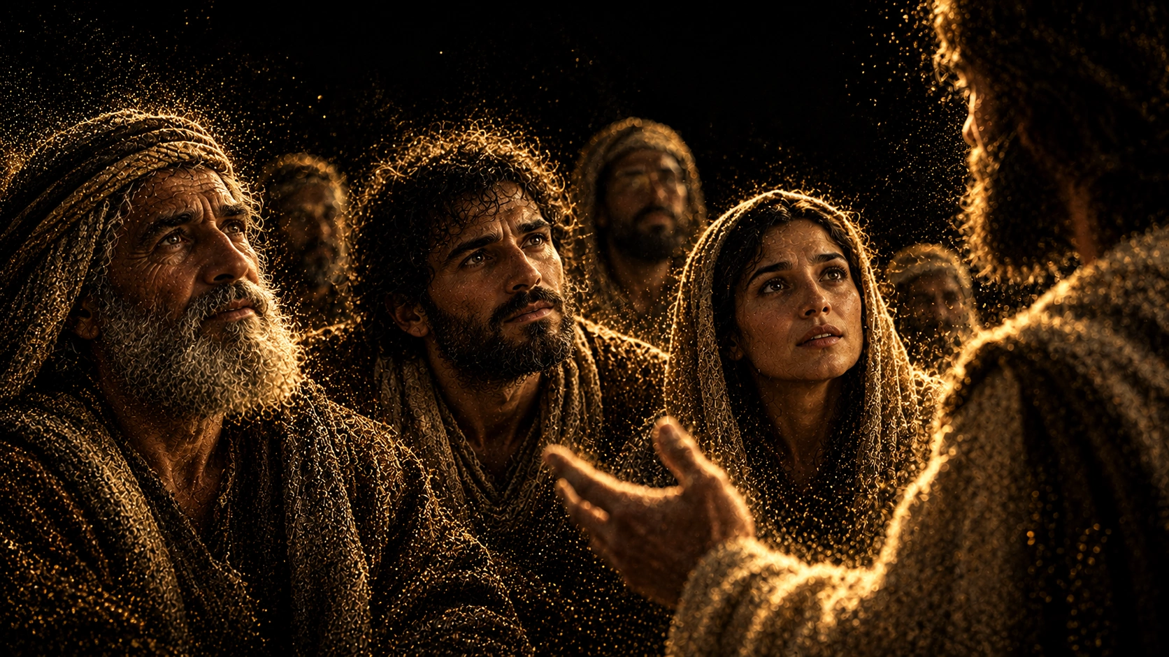 Gold-particle illustration of first-century Jewish men and a woman listening to a teacher representing Jesus.