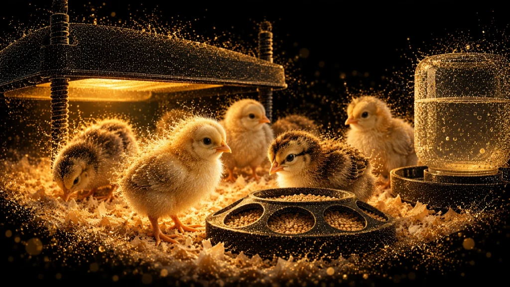 Five baby chicks beside a brooder heat plate, feeder and waterer, illuminated with gold particles against black