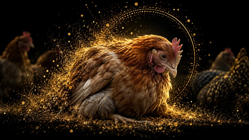 A subdued brown hen in the foreground with gold particle highlights against black