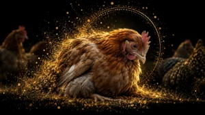 A subdued brown hen in the foreground with gold particle highlights against black