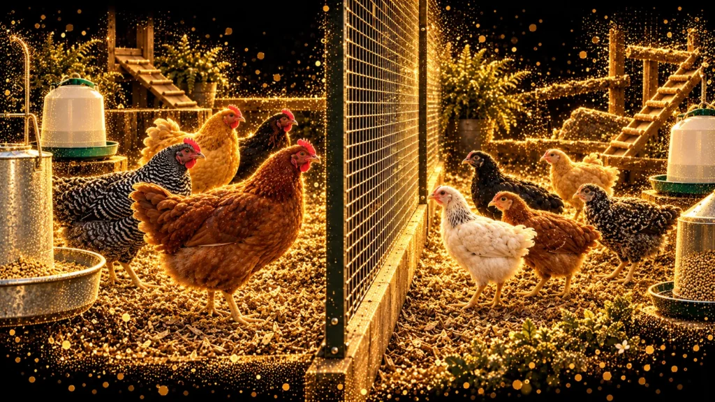 Two groups of healthy chickens separated by a secure wire divider, illustrated with gold particles on black
