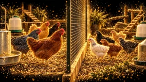 Two groups of healthy chickens separated by a secure wire divider, illustrated with gold particles on black
