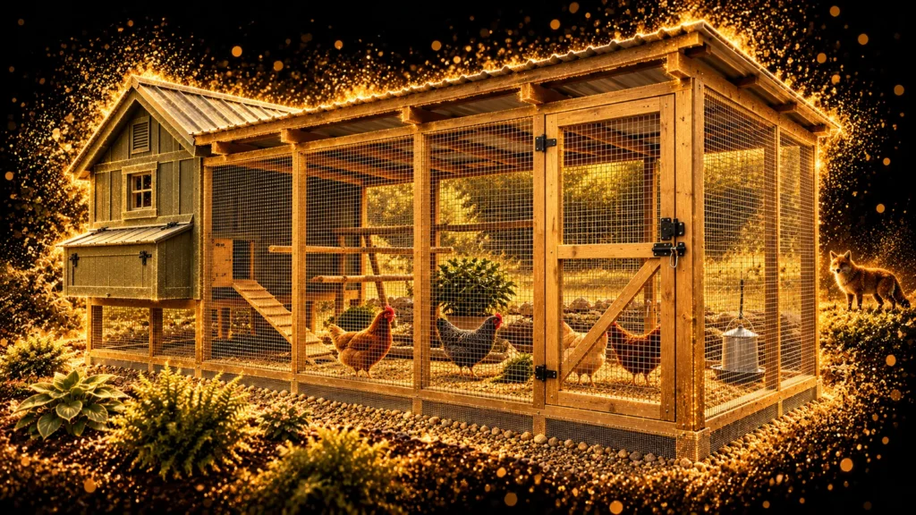 Covered chicken coop and mesh run with a fox outside the barrier, illustrated in gold on black