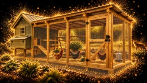 Covered chicken coop and mesh run with a fox outside the barrier, illustrated in gold on black