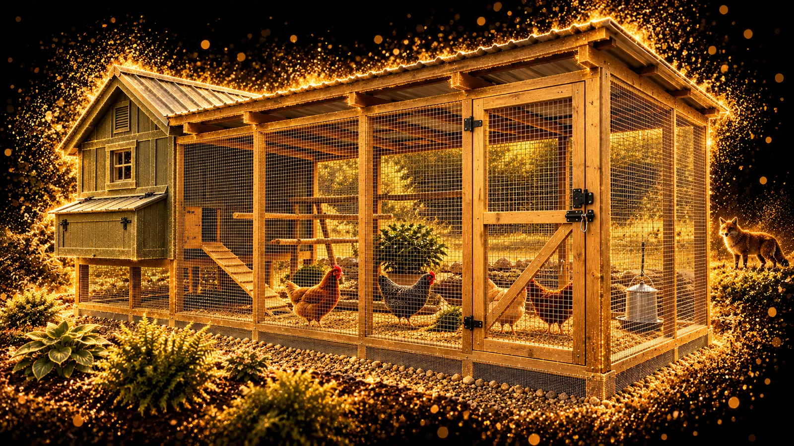 Covered chicken coop and mesh run with a fox outside the barrier, illustrated in gold on black