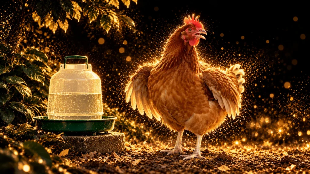 A hen holding her wings slightly away with her beak open beside drinking water in shade, illustrated in gold on black