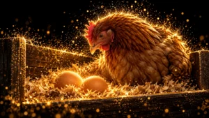 Illustration of a hen beside two brown eggs in a dark nest box, with gold-particle feather and wood details