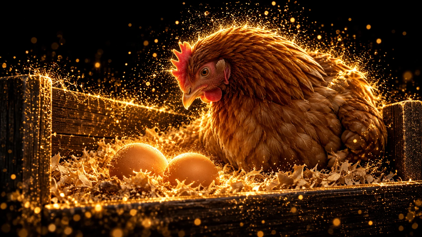 Illustration of a hen beside two brown eggs in a dark nest box, with gold-particle feather and wood details
