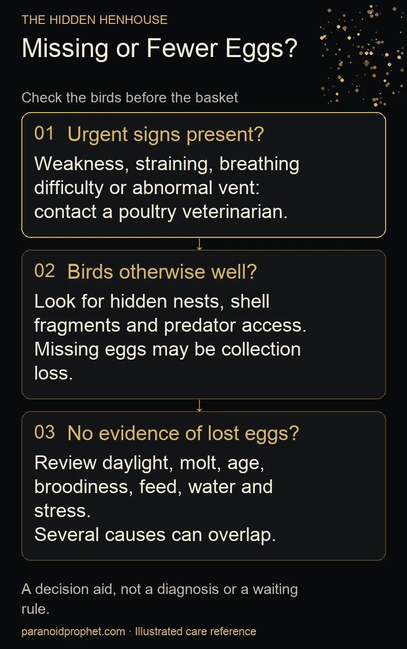 Decision aid: urgent signs need a veterinarian; otherwise inspect for lost eggs before reviewing laying factors