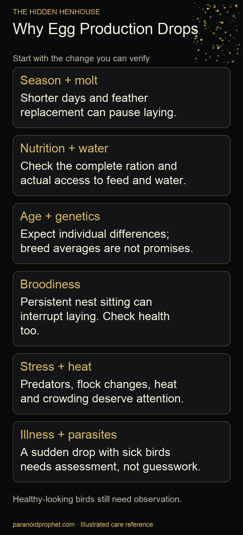 Six laying factors: season and molt, nutrition and water, age and genetics, broodiness, stress and heat, illness and parasites