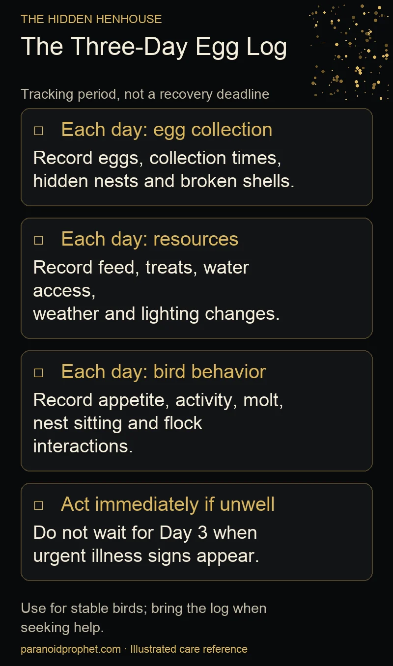 Checklist for recording eggs, feed and water access, weather, lighting and bird behavior, with immediate action for illness