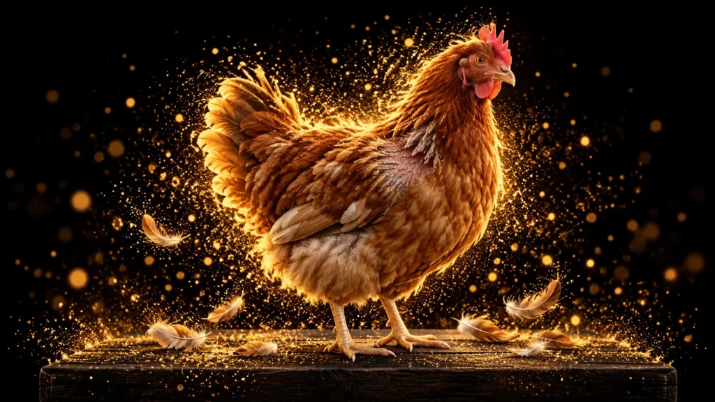Illustration of a brown hen with emerging feather shafts and a few shed feathers, surrounded by gold particles on black