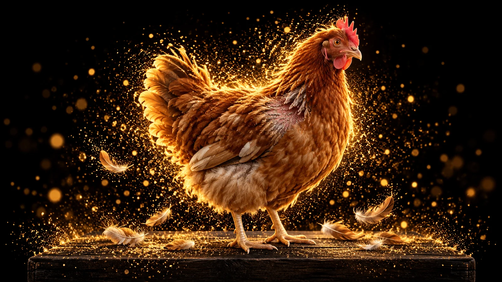 Illustration of a brown hen with emerging feather shafts and a few shed feathers, surrounded by gold particles on black