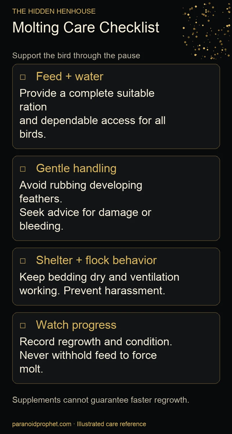 Molt care checklist covering complete feed, water, gentle handling, dry shelter and observation
