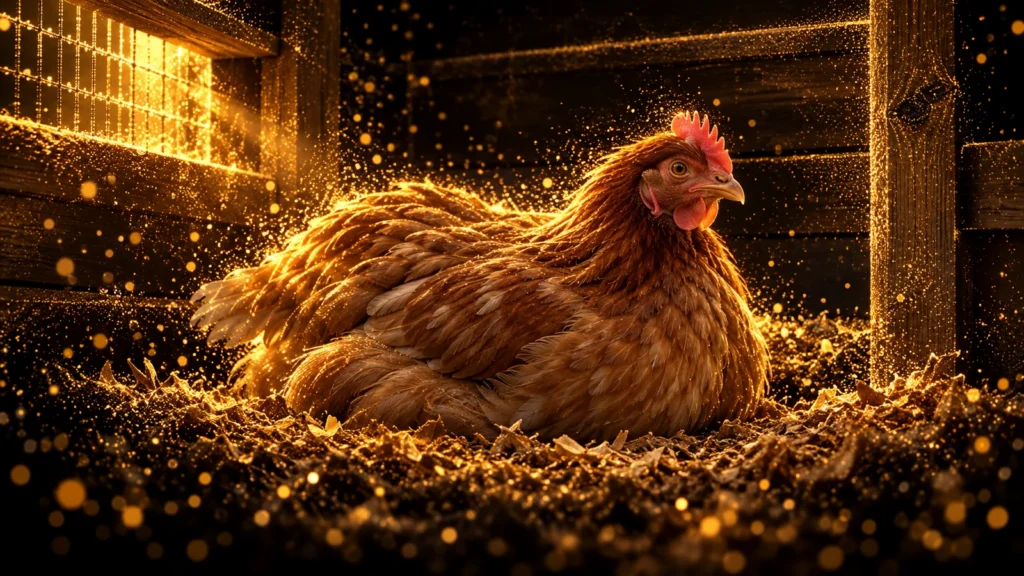 Illustration of a subdued brown hen resting in clean coop bedding, with gold-particle feather and wood details