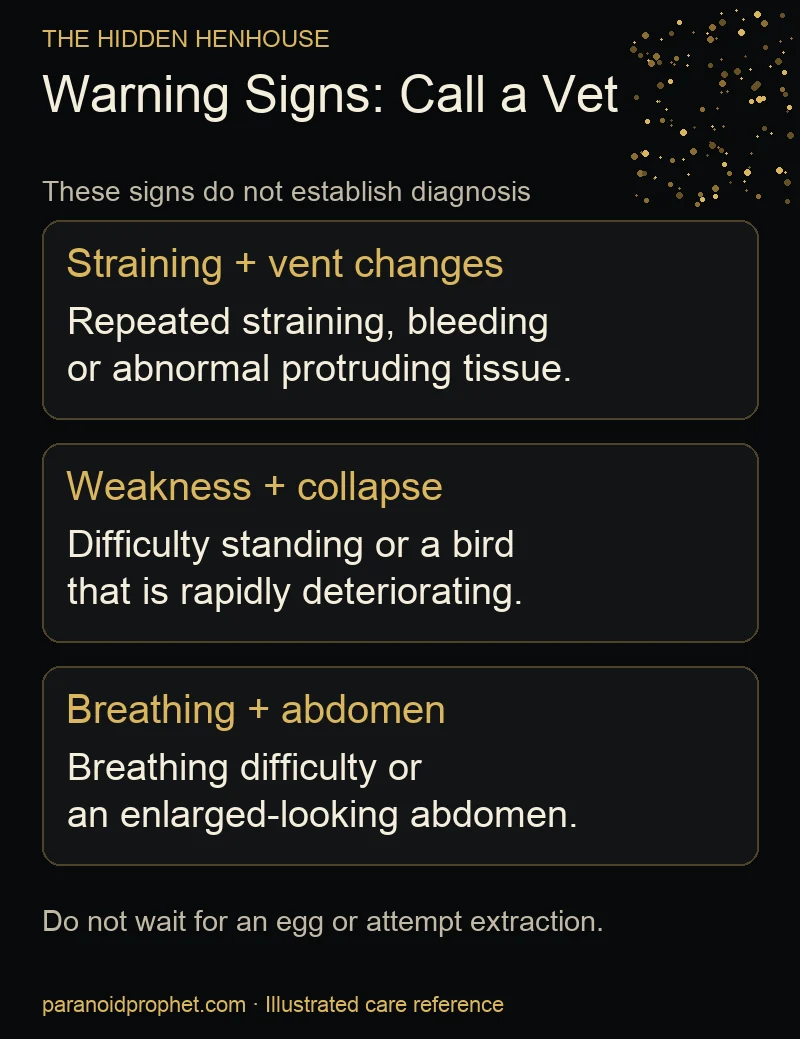 Warning signs requiring veterinary contact: straining, vent changes, weakness, collapse, breathing difficulty and abdominal enlargement