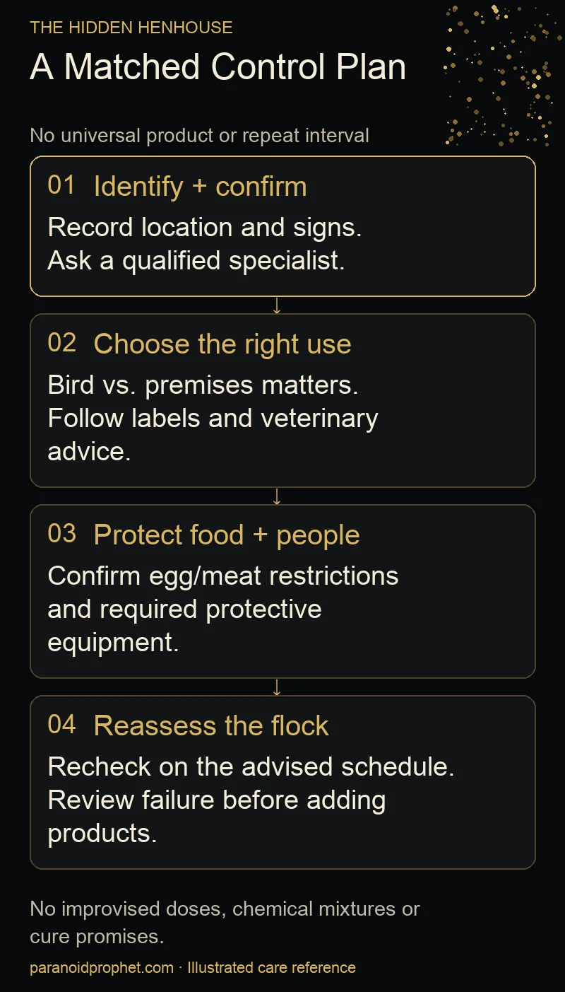 Four-step parasite plan: identify and confirm, choose the correct application, check food and people restrictions, and reassess