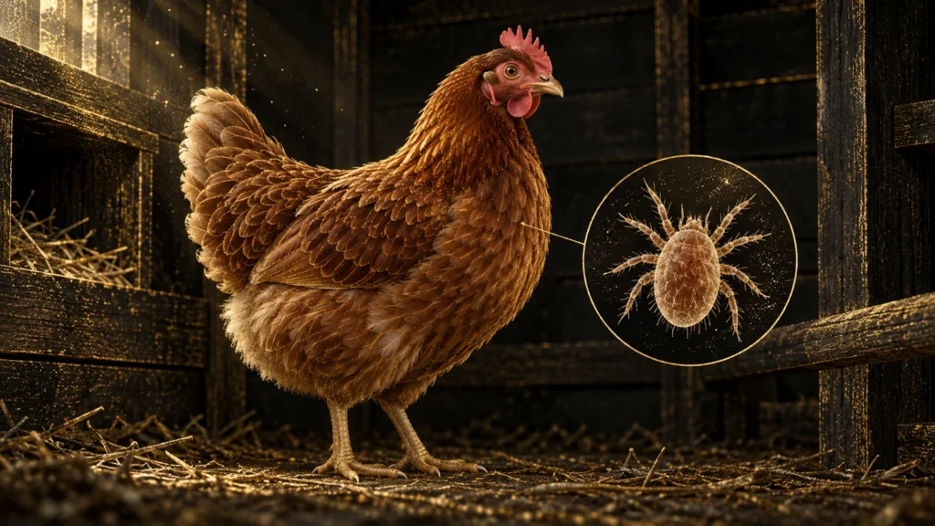 Illustration of a brown hen in a dark gold-particle coop beside a magnified schematic adult mite with eight legs