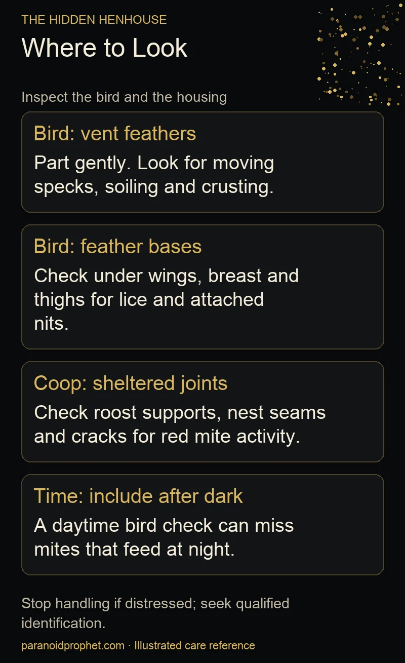 Inspection checklist for vent feathers, feather bases, coop joints and an after-dark check for red mites