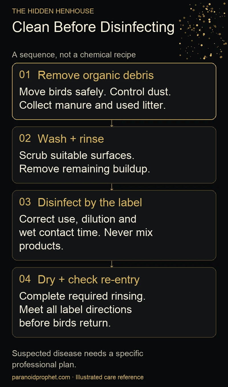 Cleaning sequence: remove organic debris with dust control, wash and rinse, disinfect by the label, then dry and check re-entry requirements