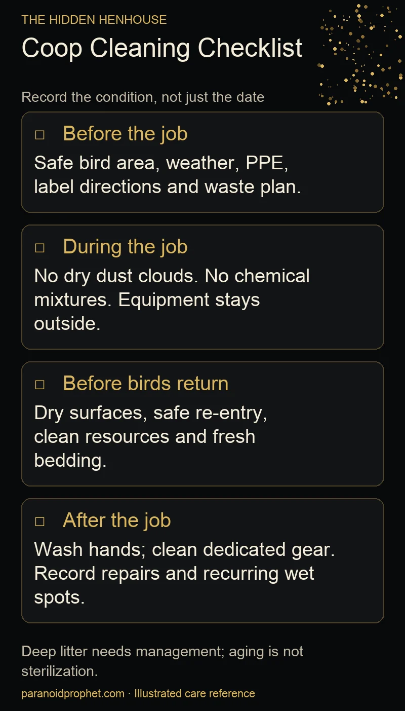 Printable checklist covering preparation, dust and chemical precautions, safe bird return, handwashing and records