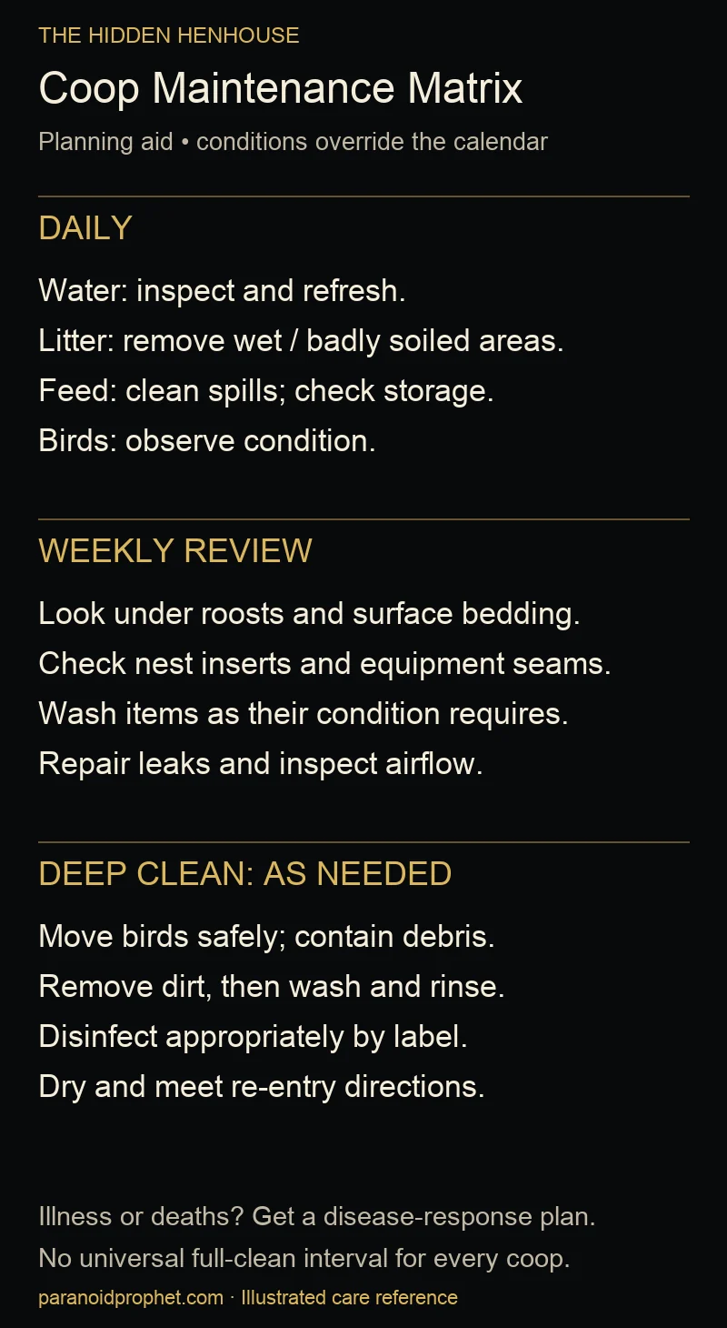 Condition-based coop maintenance matrix with daily checks, weekly review and deep-clean tasks