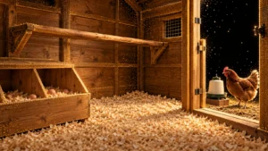 Illustration of a clean wooden coop with dry bedding, nest boxes and a supported roost, with a hen and waterer outside the doorway