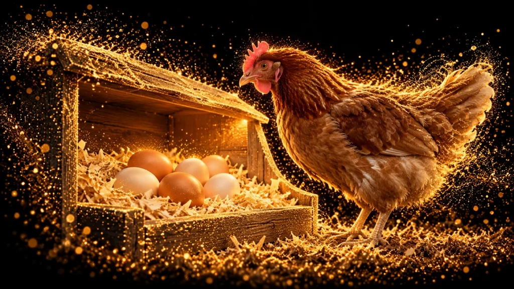 Illustration of a brown hen beside intact brown and cream eggs in a clean wooden nest, with gold particles fading into black.