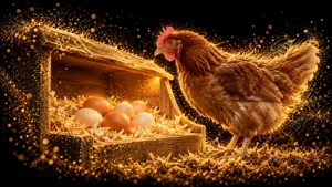 Illustration of a brown hen beside intact brown and cream eggs in a clean wooden nest, with gold particles fading into black.