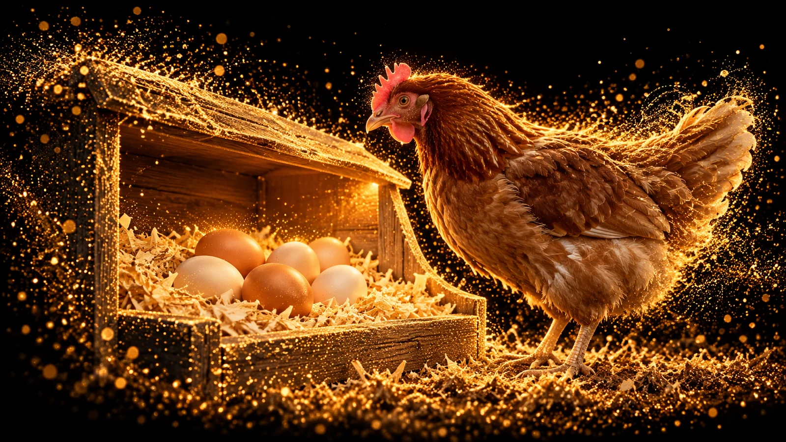 Illustration of a brown hen beside intact brown and cream eggs in a clean wooden nest, with gold particles fading into black.